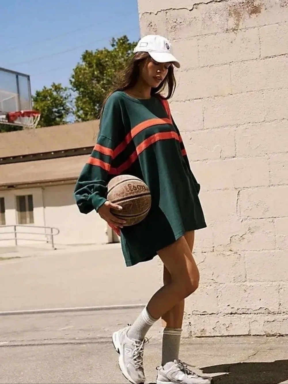 Free People Forest Green Post Up Layer  Sweatshirt with Rust Stripes